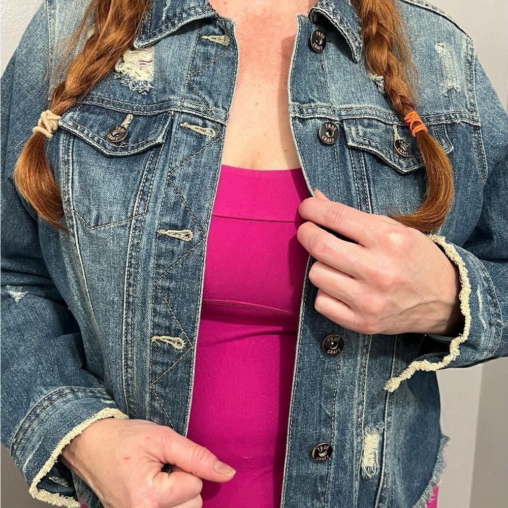 NWOT True Craft Distressed‎ Cropped Blue Jean Jacket - 0X